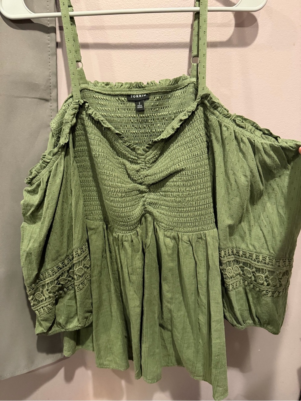 torrid olive green smocked cold-shoulder peasant tunic